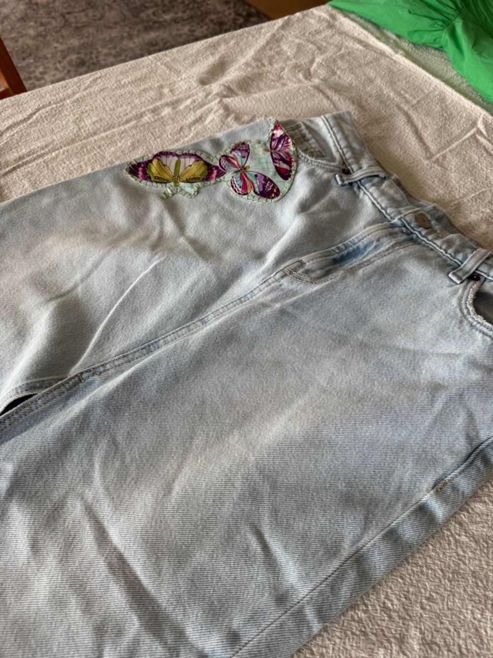 Reworked denim skirt with patchwork Butterflies - Picture 7 of 14